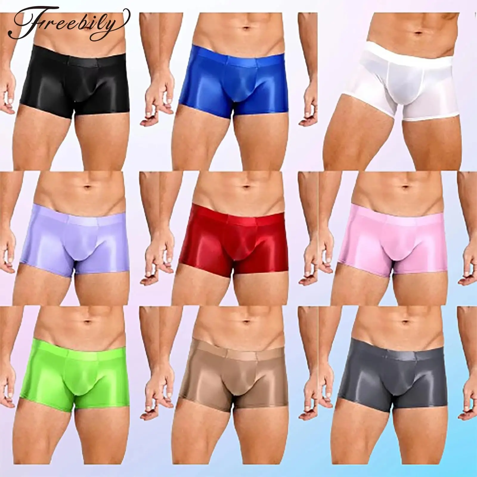 

Men Glossy Boxer Briefs Low Rise Underwear Solid Color Boxers Shorts Bottom Low Rise Underpants Male Swimming Trunks Swimwear