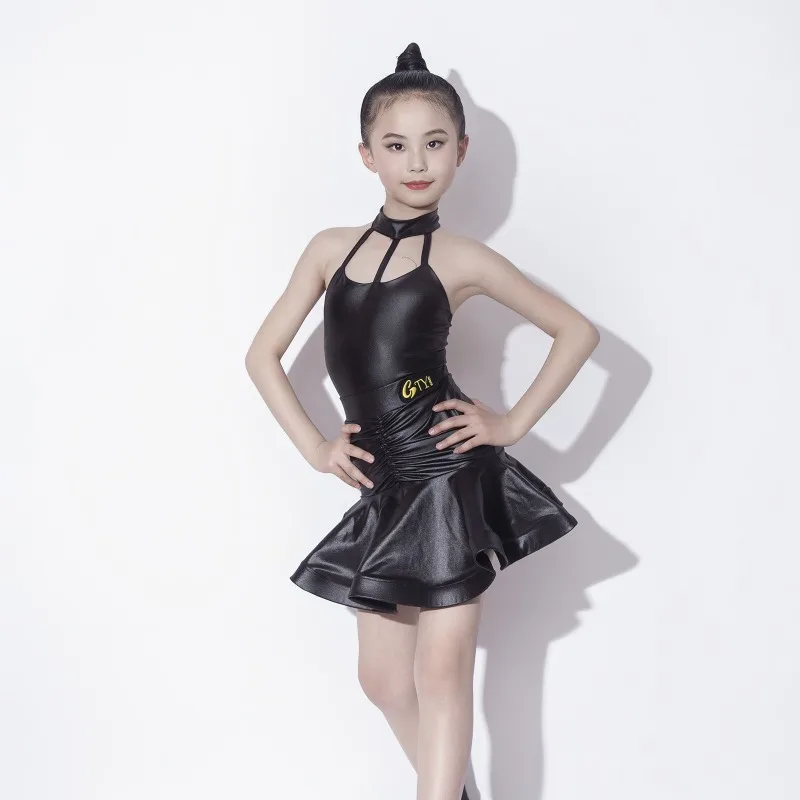 

2024 New Leather Strap Black Latin Dance Dress Children's Practice Set Girls' Performance Dress