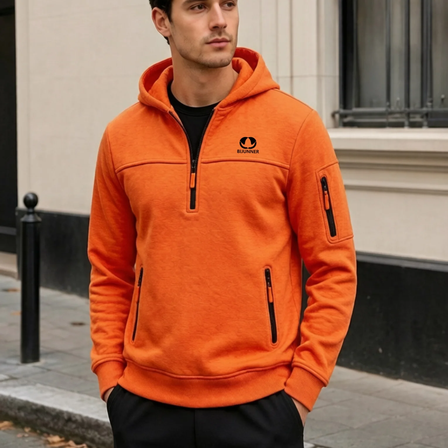 2026 Men's Sports Hoodie with Multiple Pockets Half-Zip Casual Long-Sleeve Pullover Sweatshirt for Fall and Winter