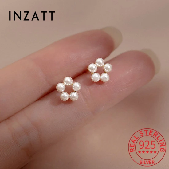 INZATT Real 925 Sterling Silver Hollow Pearls Flower Stud Earrings For Women Cute Fine Jewelry Minimalist Bijoux