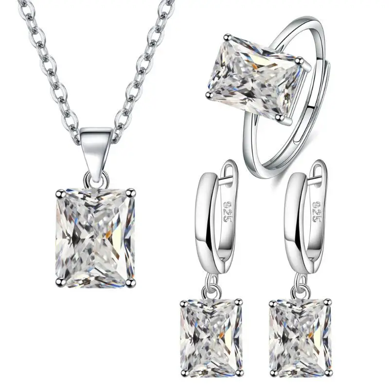 Rectangle Natural Yellow Citrine 925 Sterling Silver Geometric Ring+Necklace+Earring Emerald Cut Gemstone Jewelry Set for Women view 4