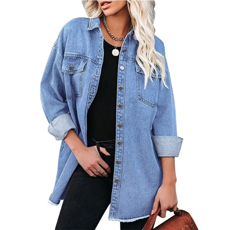 Women Button Down Oversized Mid Long Shirt Denim Jacket With Pocket 2023 Autumn Long Sleeve Turn-Down Collar Jean Biker Coat