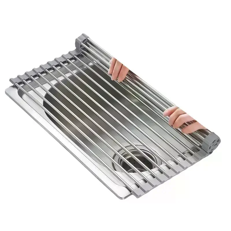 Roll-Up Sink Dish Drying Rack, Foldable Stainless Steel Over-Sink Drain Basket and Heat-Resistant Mat