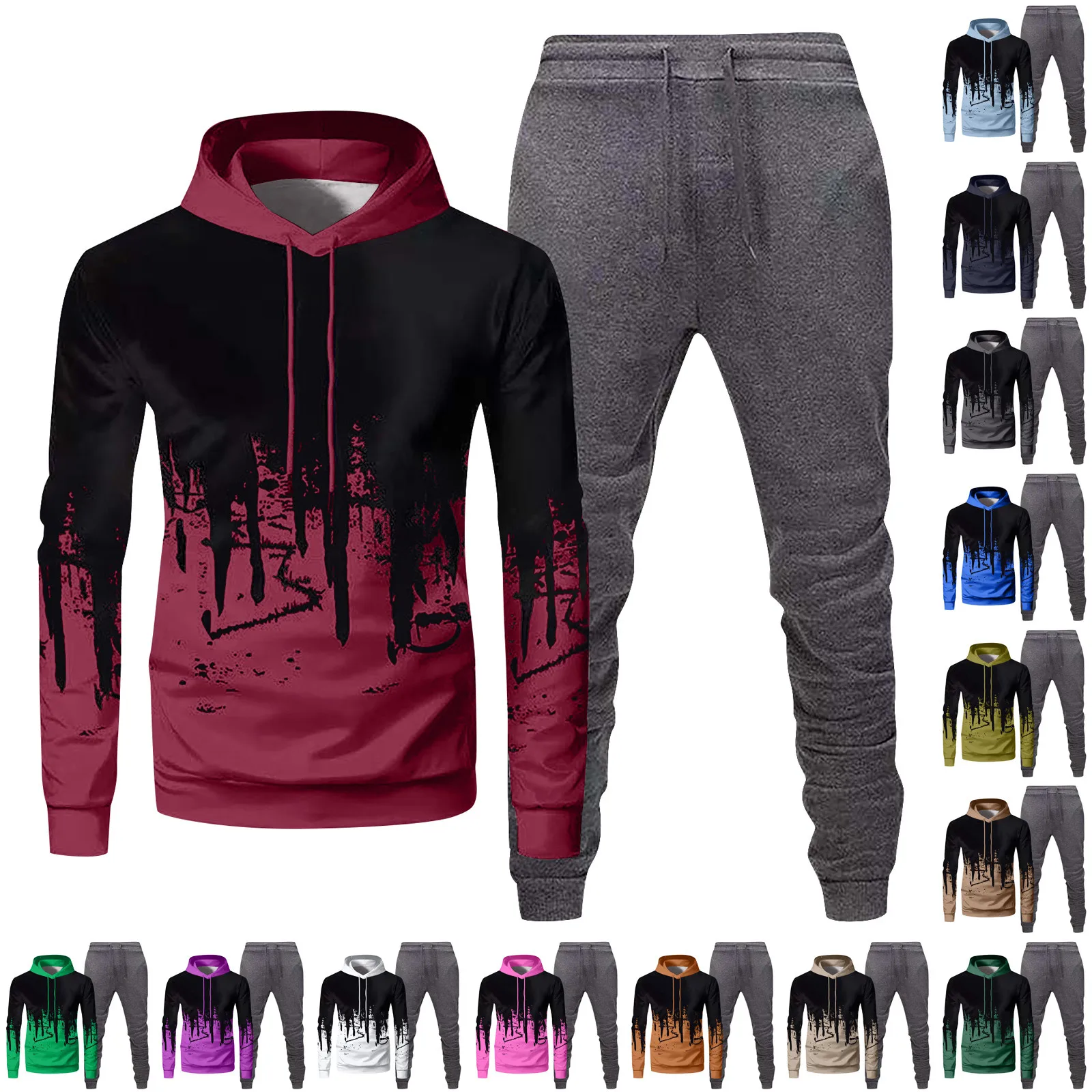 Men'S Fashion Winter Outdoor Hooded Black Ink Print Sweatshirt+Pants 2-Pcs Sets Male Casual Jogging Suit Tracksuit Clothing Set