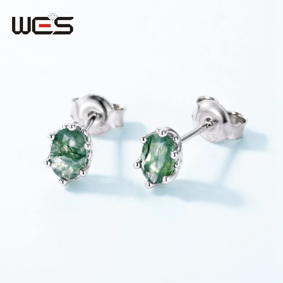 

WES Unique Six Claw Inlay 4*6mm Natural Moss Agate Stud Earrings for Woman Simple Elegant Wedding Gifts Fine Jewelry Wholesale