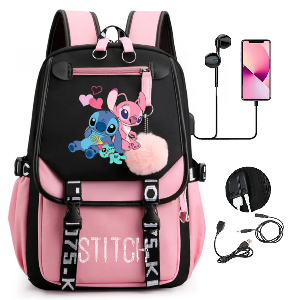 Mochilas Lilo Stitch con USB de retales para mujeres y niñas, mochilas escolares con capacidad, mochilas escolares para ordenador portátil para adolescentes, mochila de viaje para ir al trabajo