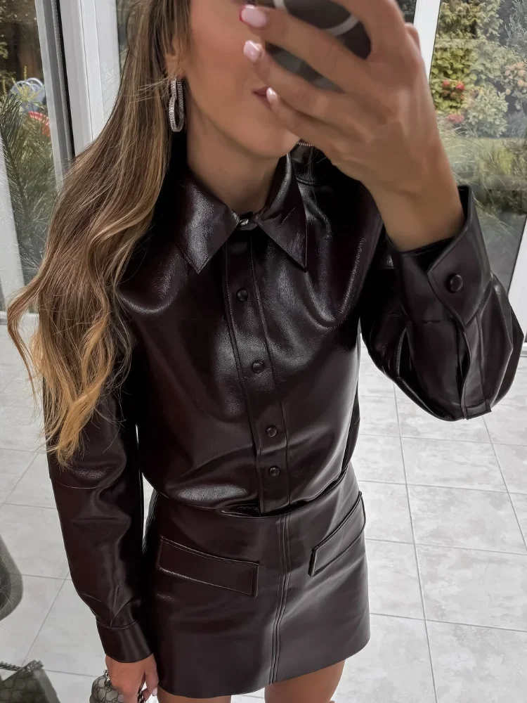 Fashion Women Leather Jacket Skirt Suit Elegant O-neck/lapel Single Breasted Female Coat High Waist Mini Skirts Ladies Sets