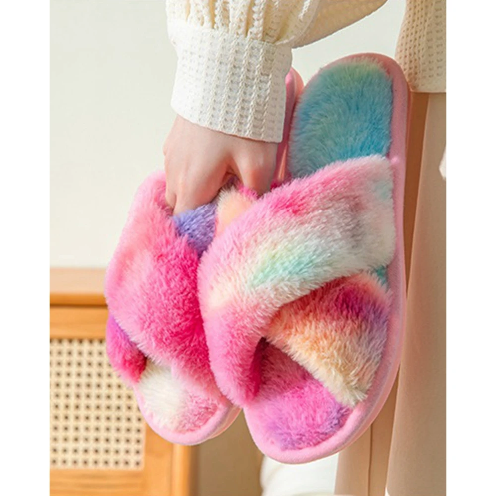 Fashion Women Fluffy Ombre Flat Slippers Femme Contrast Indoor Slippers Fuzzy Lined Slipper Casual Winter Warm Shoes