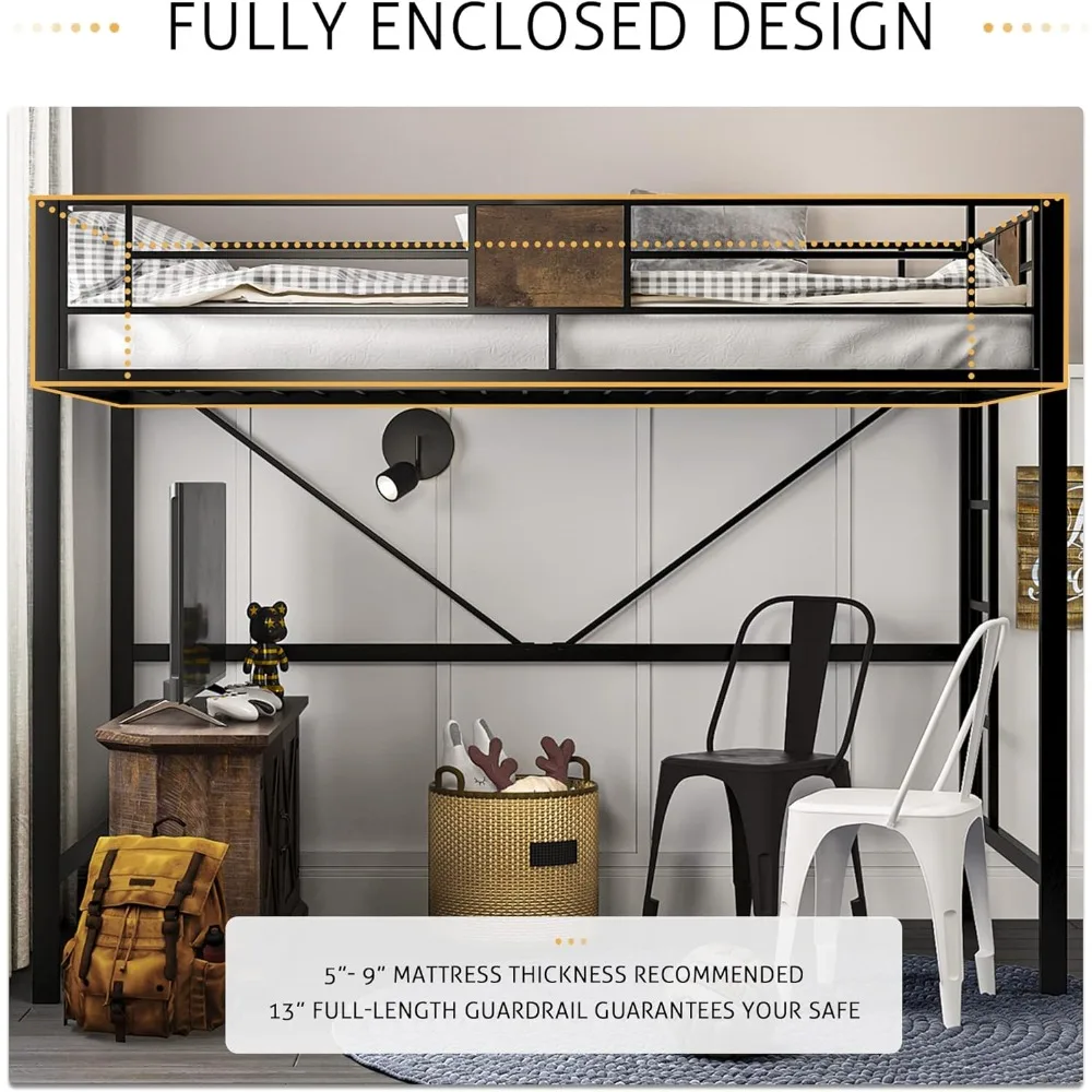 سرير علوي مزدوج الحجم مع سلم، حاجز حماية، نمط ريفي، شرائح معدنية، لا حاجة إلى صندوق زنبركي، تصميم موفر للمساحة #6