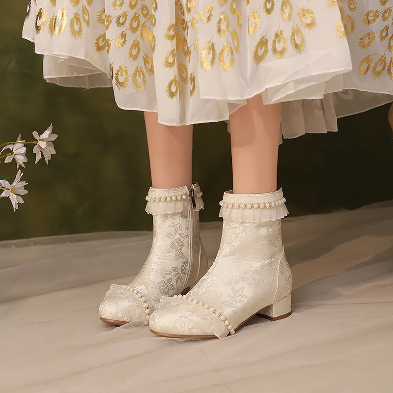 YQBTDL Japan Style Sweet Lace Ruffle Ankle Boots Ladies Studded Sting Bead Fashion Harajuku Footwear Party Women Shoes 2025