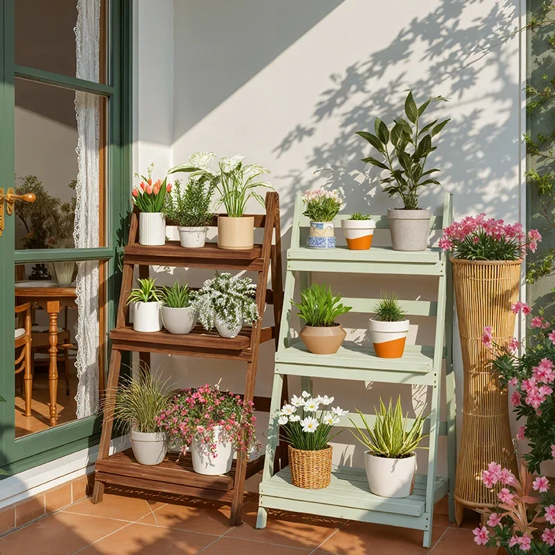 Solid wood balcony flower rack Floor-to-ceiling foldable mobile wall indoor succulent stepped flower pot plant rack