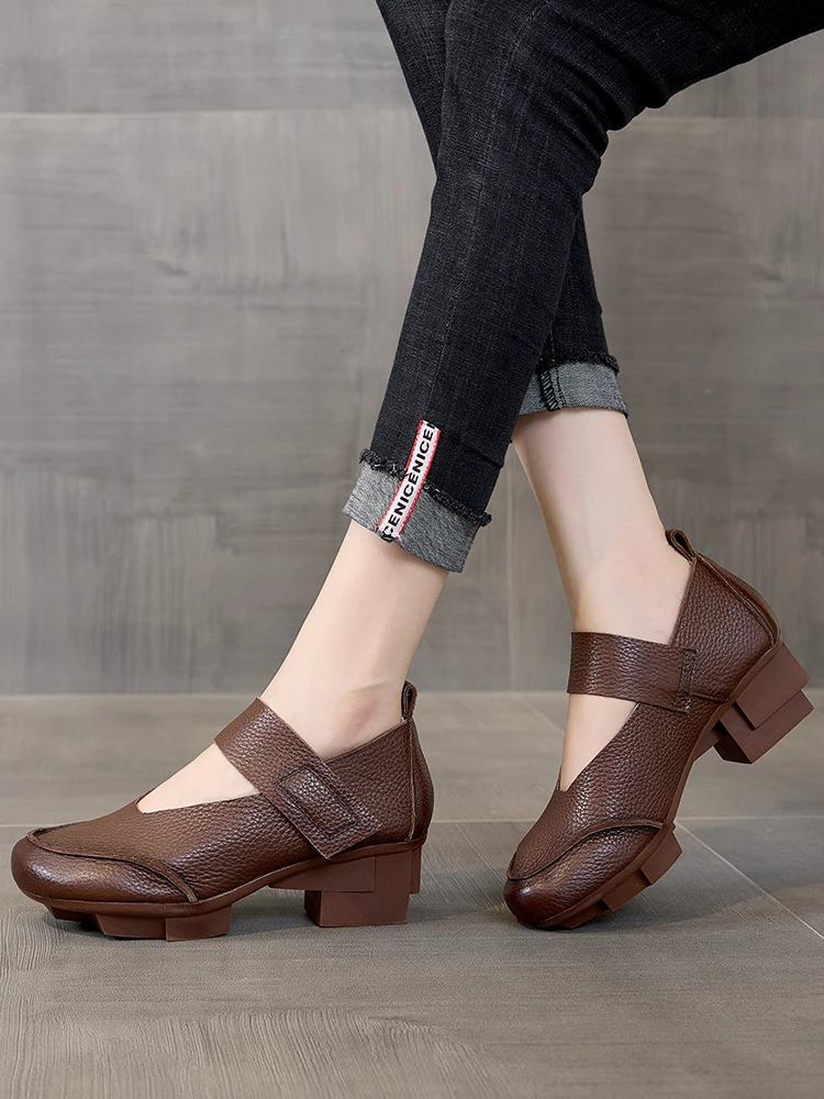 Birkuir Retro Thick Heel Women Shoes Hook Loop Mary Jane Loafers Luxury 5 cm Pumps Genuine Leather Sewn Square Heel Single Shoes