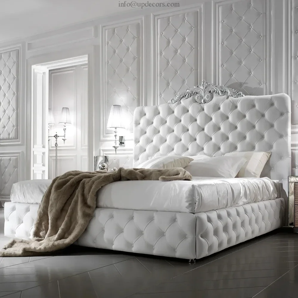 Exclusive Luxury Italian Bed White Leather Bed Classic Bed For Villa Furniture For King And Queen Size