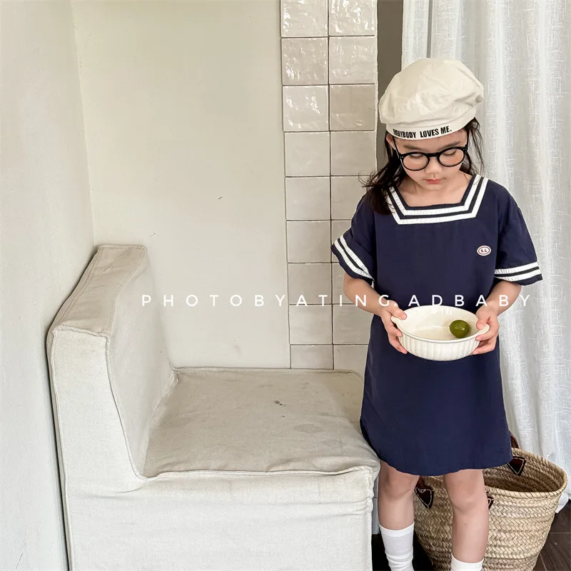 

2025 Summer New Girls Casual Dress Solid Children Short Sleeve Princess Dress Baby Girl Preppy Style Dress Kids Cotton Clothes