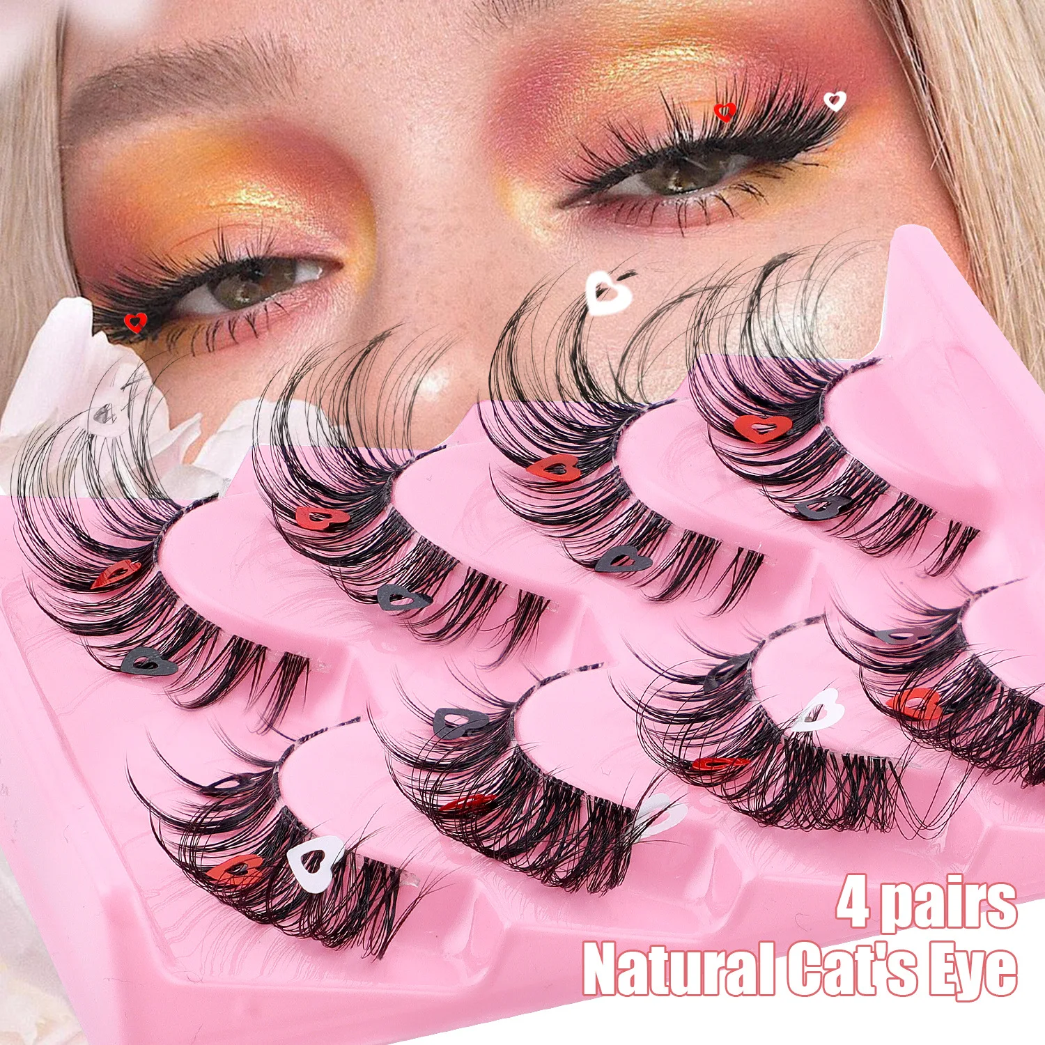 New Four Pairs Fake Eyelashes for Valentine Day Decoration Transparent Stalks Extended Eyes and Tails Wholesale Dating Eyelashes