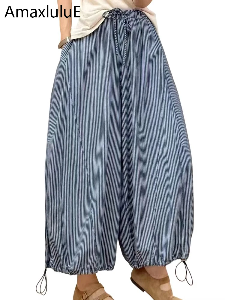 

AmaxluluE 2025 Design Clothes Women Fashion Oversized Striped Wide Leg Pants Ladies Leisure Vintage Loose Luxury Cotton Trousers