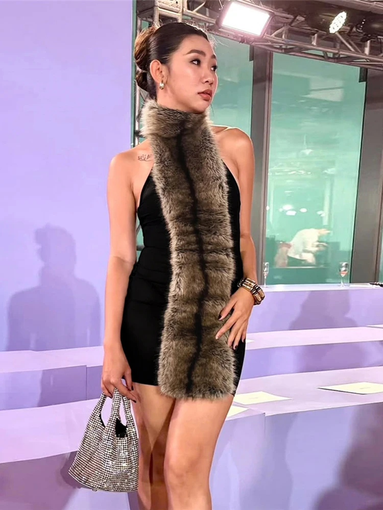 Nibber Rückenfreies Flusen-Patchwork-Kleid für Damen, Neckholder, Rollkragen, schulterfrei, dünn, pfirsichfarben, Hüfte, Hottie, High-Street-Style, figurbetont