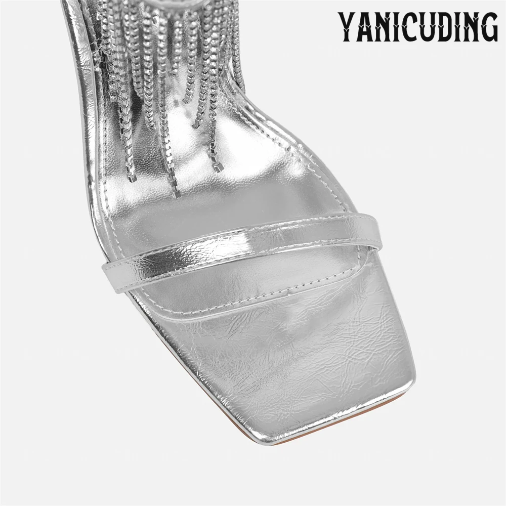 Waterfall Rhinestones Silver Metallic Sandals Luxurious Crystal Detailing Square Toe Stilettos Bling Bling Elegant Summer Heels