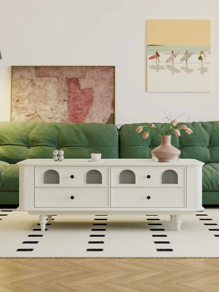 

French cream style solid wood coffee table living room light luxury high-end small apartment living room small table