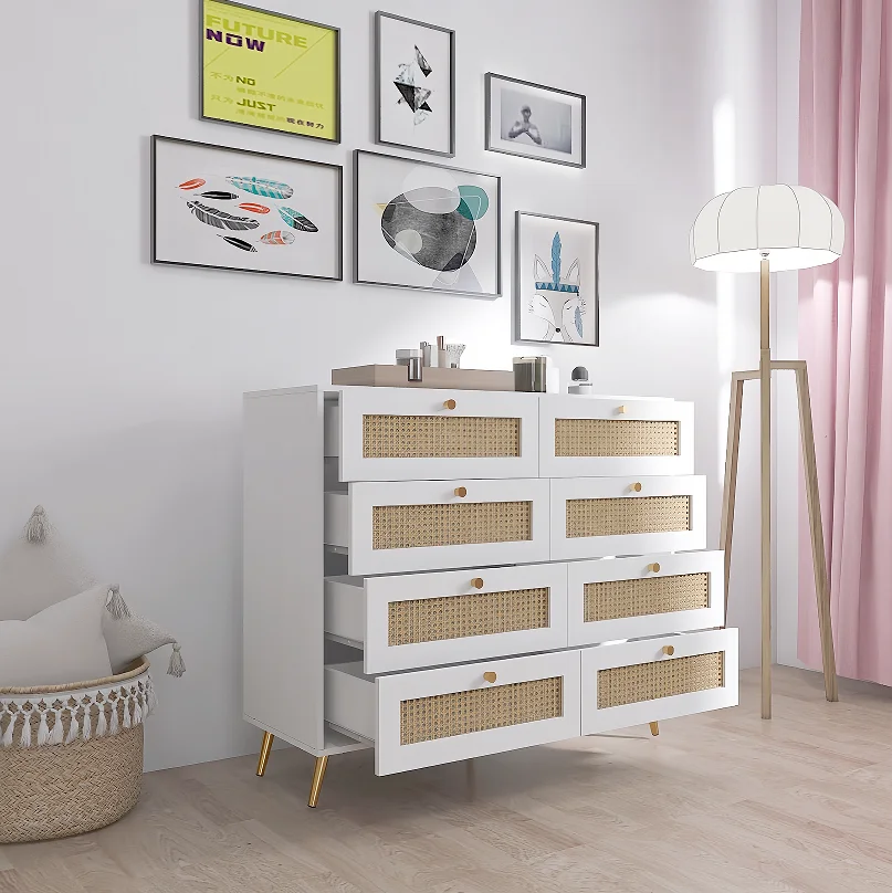 White Color 8 Drawers Chest of Drawers with Rattan Drawer Face Golden Legs and Handles