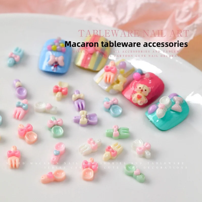 50Pcs Cute Cartoon Resin Spoon With Bow Macaron Color Cream Style Nail Art Charms Mini Cutlery Decorations Kawaii Decor 3D Charm