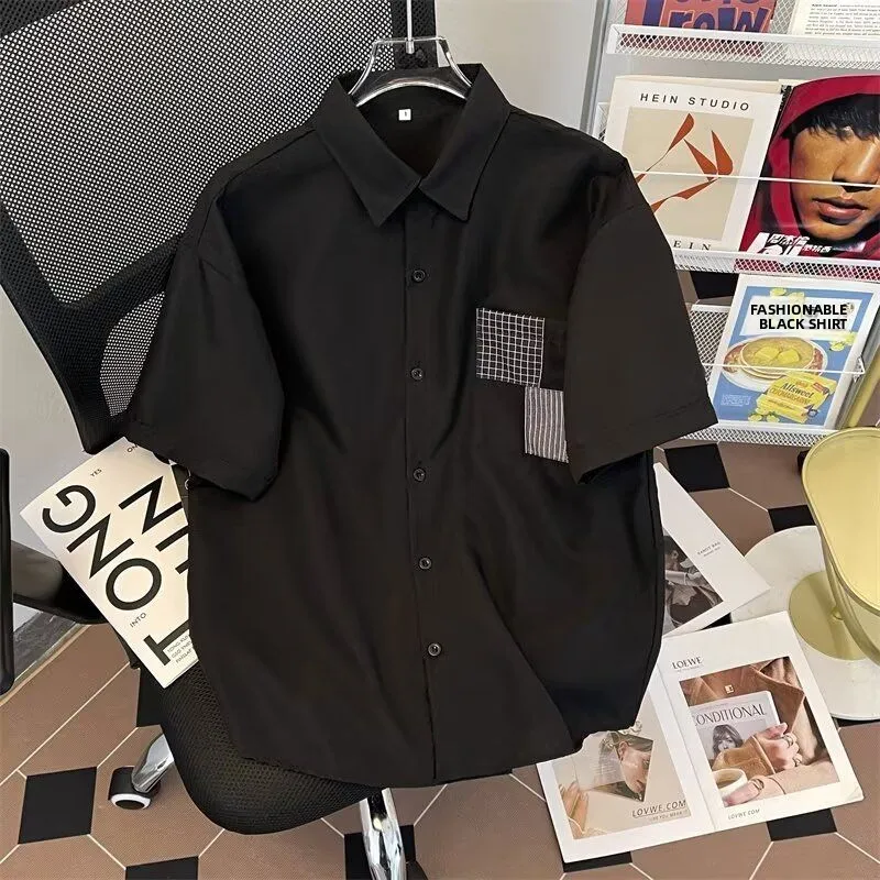

Korean Style Short Sleeve Shirt Youth Fashion Personality Splicing Design Hair Stylist Popular Brand Summer Trend Casual Shirt
