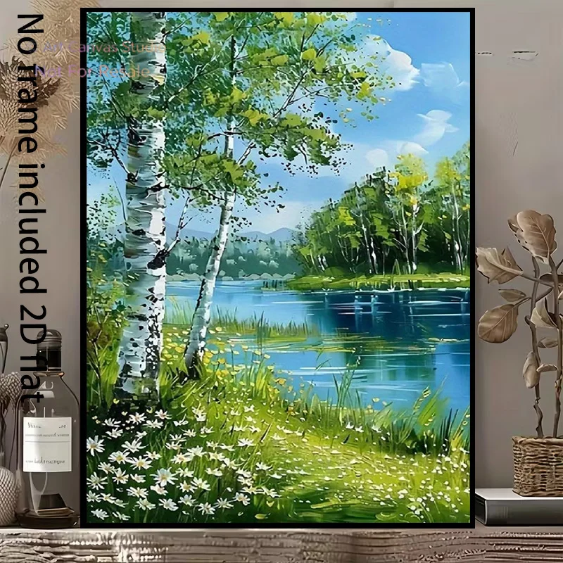 2D Flat, 1pc Vertical Summer Lakeside Birch Tree & Wildflowers Canvas Painting - Minimalist Scandinavian Suitable for / Decor