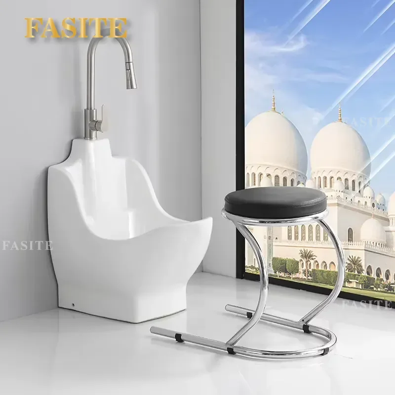 For Modern Hotel Integrated Ceramic Basin with Drainer Middle Eastern Bathroom Sink for Washing Hands and Feet Foreign Trade