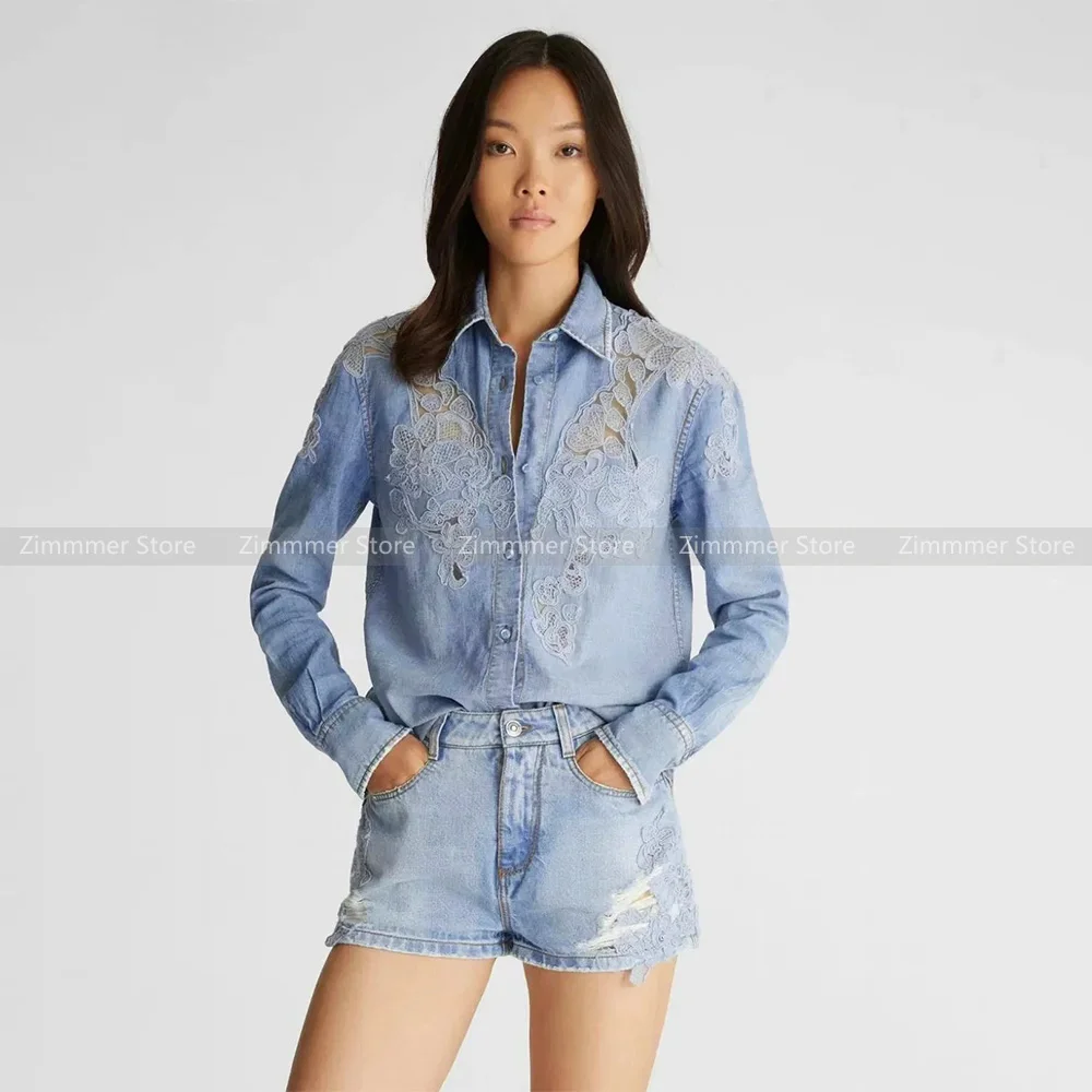 Fashion Women's 24 Early Autumn New Denim Blue Lace Splicing Washed Loose Long Sleeve Shirt Top Women