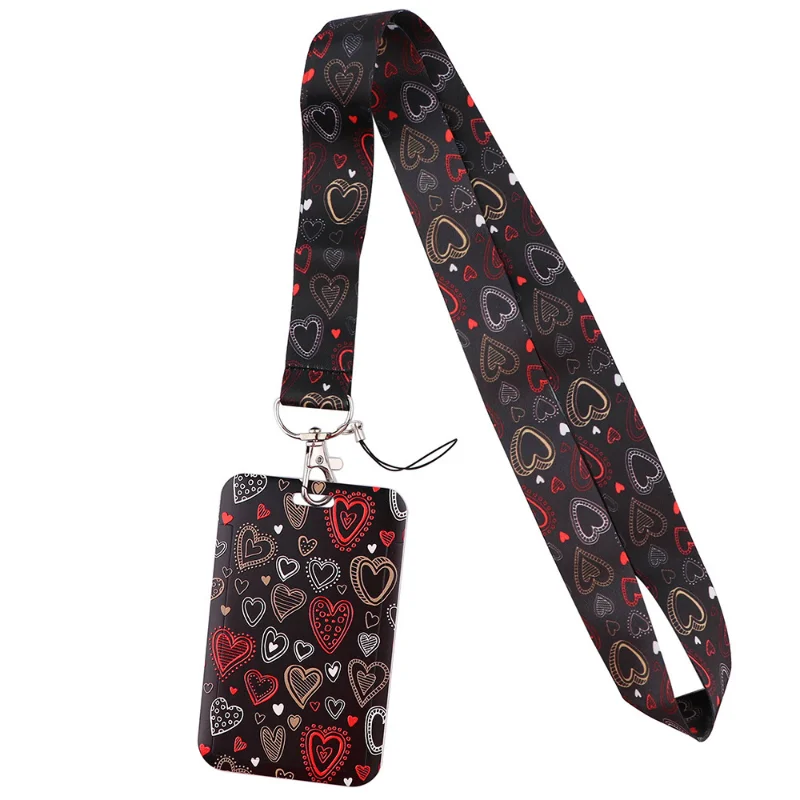 1set ID Name Badge Holder with Cellphone Hanging Rope Hearts Pattern Work Pass Card Sleeve with Polyester Lanyard Neck Strap