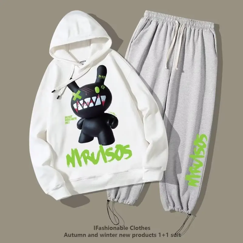 Spring Autumn Men\'s Tracksuit Oversized Men Clothes Korean Casual Hoodie+Sweatpants Two Piece Set Cartoon Print Tracksuit 2022