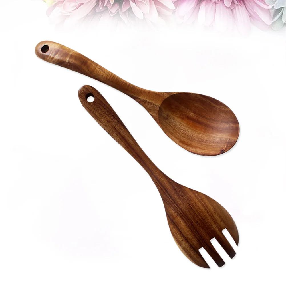 2Pcs Wooden Cooking Spoon Fork Set Natural Rustic Wood Tableware Non Stick Cooking Utensils Safe on Nonstick Surface Eco