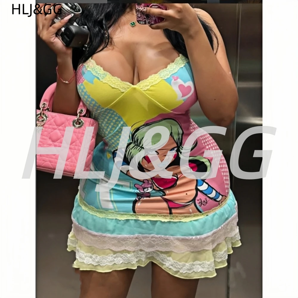 HLJ&GG Y2K Mode Spitze Spleißen Bodycon Spaghetti Strap Mini Kleider Frauen Ärmellose Backless V-ausschnitt Schlank Vestidos Streetwear