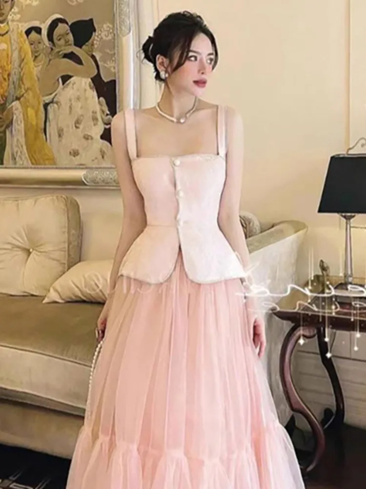 DEAT Elegant 2 Pcs Set Single Breasted Waist Up Camis Gauze Pink A-line Skirts Women\'s Suit 2024 Spring New Fashion 13DB4526