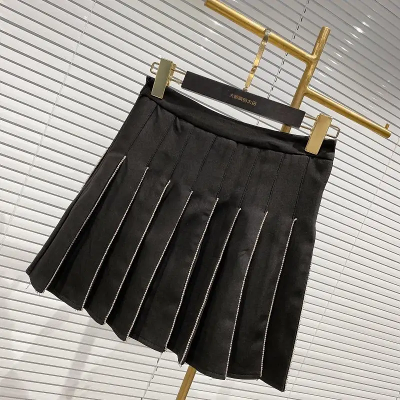 Black Pleated Skirt Women Clothing 2024 Faldas Mujer De Moda High Waist Diamond Jupe Korean Saia A-line Tunic Korean Mini Skirts