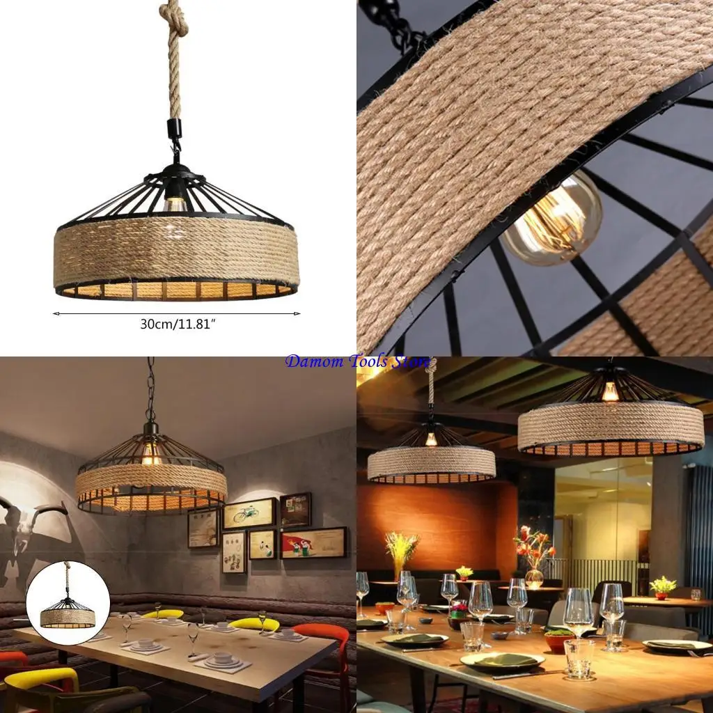 57BE Retro Industrial Iron Vintage Chandelier Lamp Shade Vintage Rope Lampshade