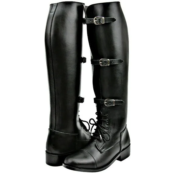 رجل بريطاني ثلاثة مشبك حزام الدانتيل متابعة حذاء الركبة المسطحة Hombre Zapatos أحذية ركوب الخيل البني خمر الجلود دراجة نارية الأحذية #5