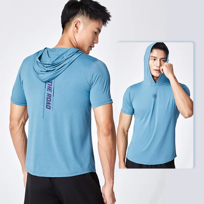 

Couple Workout Clothes Mesh Hooded Short Sleeve T-shirt Men Fitness Running Sport Tops Women Thin Sweatshirt Hoodie Gym Joggers