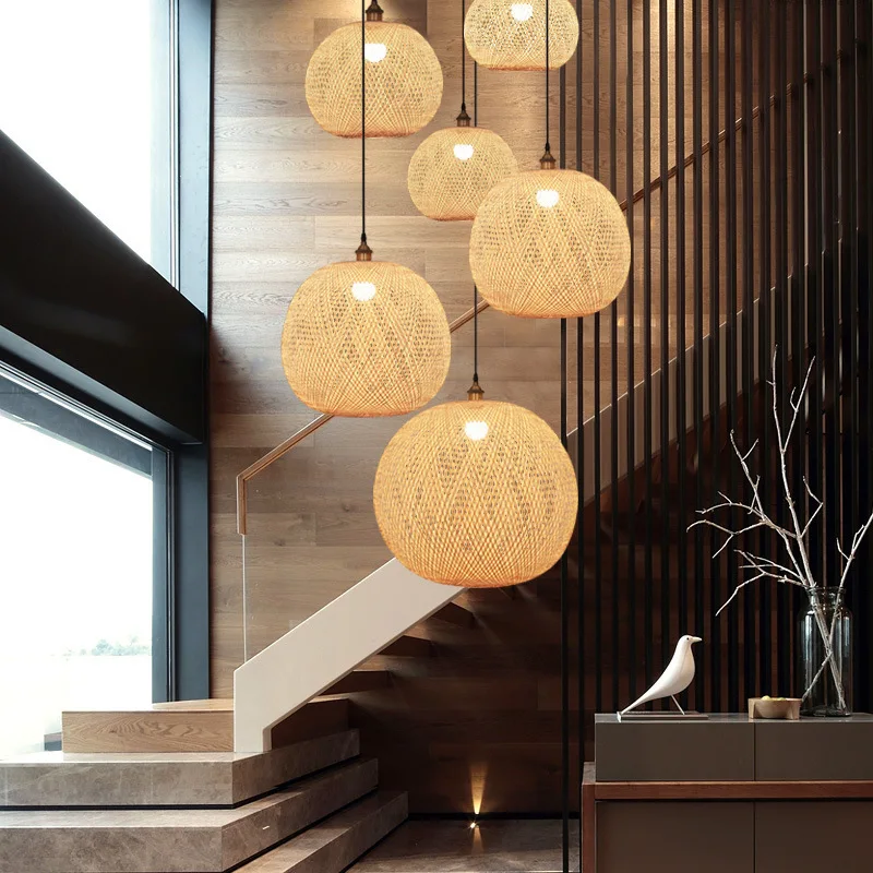 

Ramboo woven restaurant Lantern chandelie lamp Tea Room Zen staircase light high livingroom ball beauty salon lamp