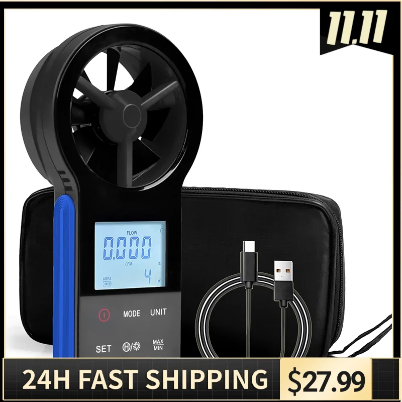 Handheld Wind Gauge Digital Aneometer, HP-6000GH Air Flow Speed Wind Speed CFM Meter Measurement of Air Velocity Air Volume Temp