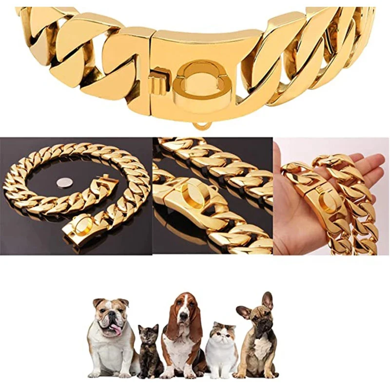 Golden Stainless Steel Dog Collar, Heavy Duty Pet Chain, Necklace with Shrapnel Clasp for Medium and Big Dogs Usage, 32mm Width