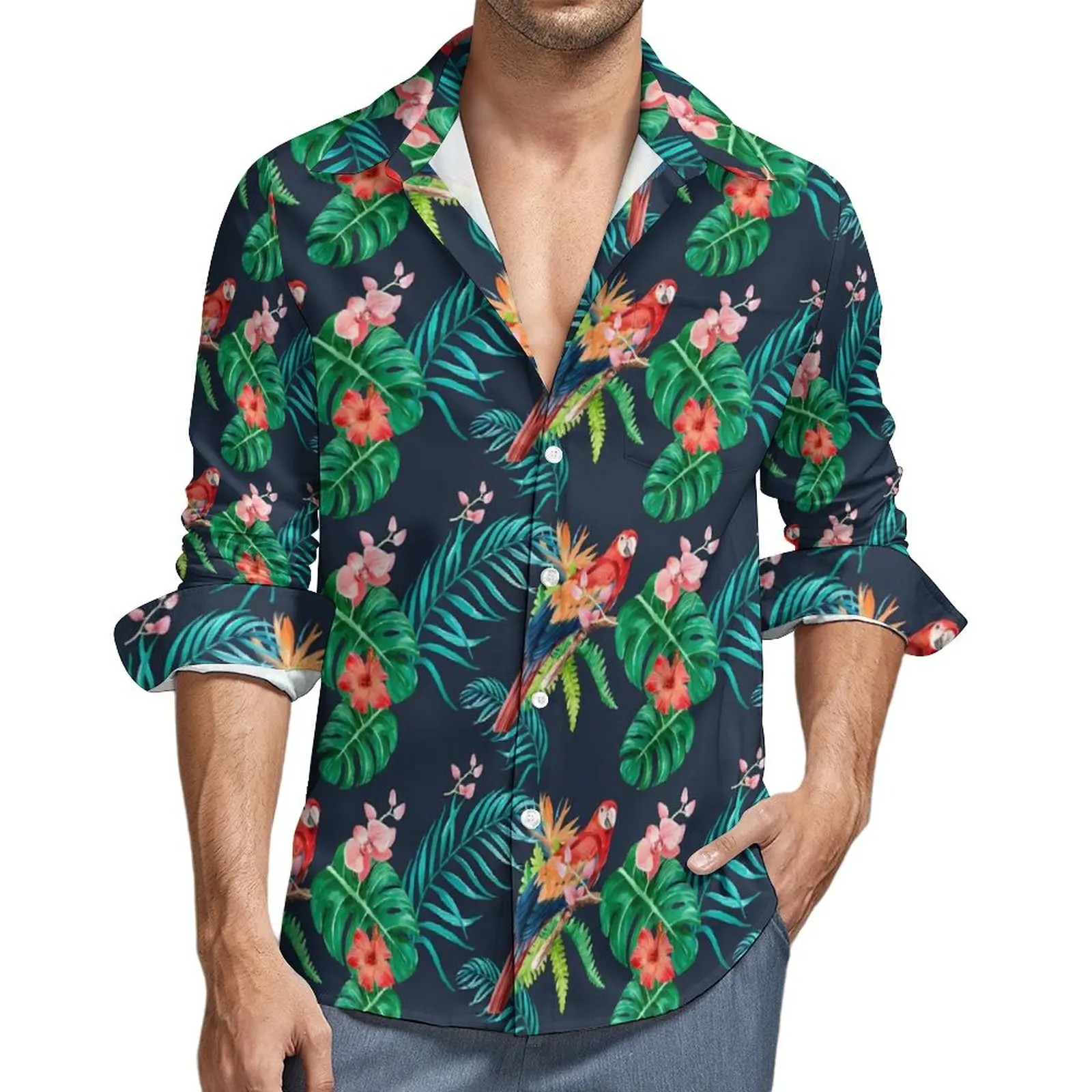 

Tropical Floral Hibiscus Shirt Male Jungle Parrot Casual Shirts Autumn Y2K Custom Blouses Long Sleeve Vintage Oversize Tops Gift