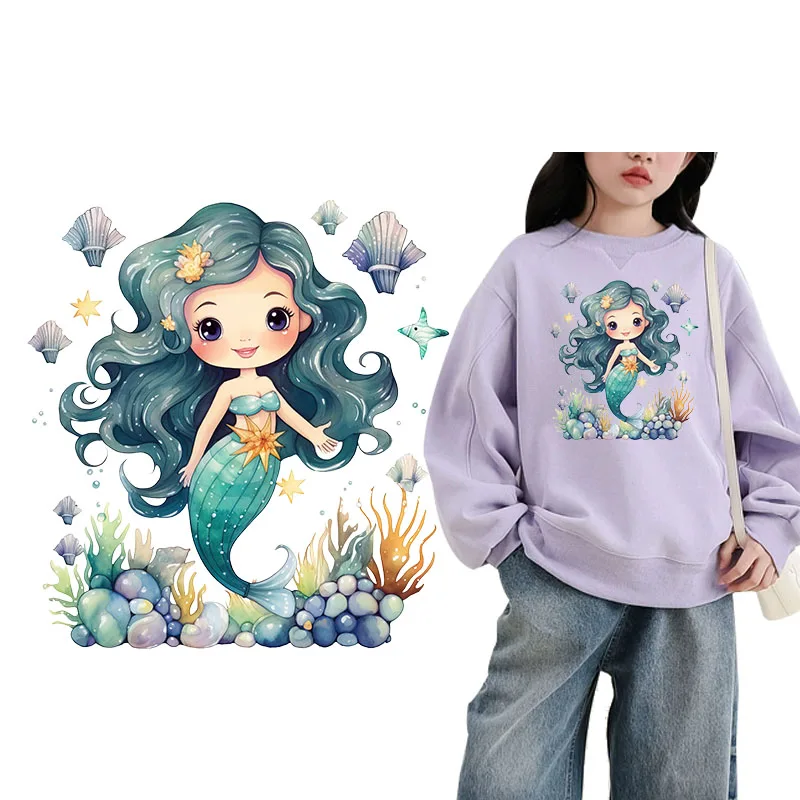 Underwater World Mermaid children Heat Transfer Printing iron on patches for clothes dtf transfers ready to press