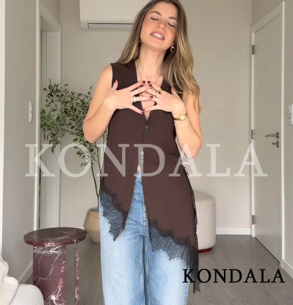 KONDALA Trendige asymmetrische Oberteile für Damen, tiefer V-Ausschnitt, Knöpfe, Spitzenbesatz, neue 2026 Frühling/Sommer Mode High Street Damen Oberteile