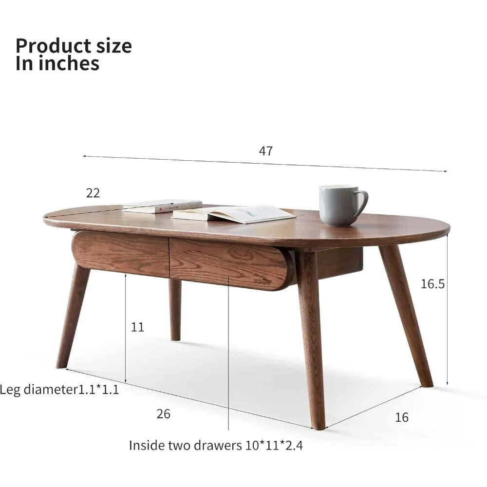 서랍이 있는 중앙 테이블 로우 테이블, 100% 단단한 나무 상단 보드, 책상 커피 테이블, 47.2 인치 x 22.1 인치 x 16.5 인치