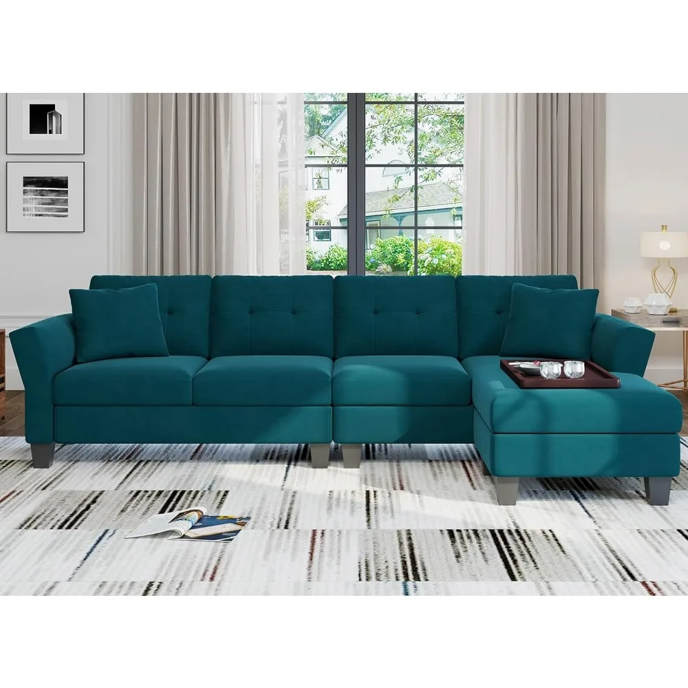 

Living Room Convertible Sectional Couch, Modern Velvet Modular L-Shaped 4 Seat Sofa with Reversible Chaise, Peacock Blue