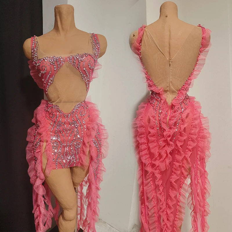 

Sexy Glitter Rhinestone Pink Dress Singer Stage Performance Outfit Adult Nightclub Club Party Clothing Women Show Costume 5435