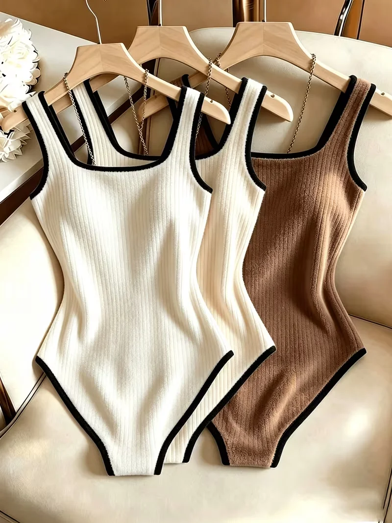 3pcs Women's Ribbed Bodysuit Set Fashionable Black Piped Square Neck Waist-Cinching Style Summer Nightlife Wear Elegant Beach Ou