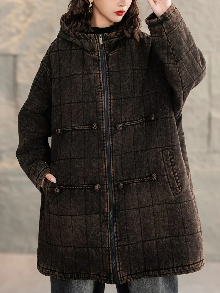 Max LuLu-Parkas rembourrés en denim à carreaux pour femmes, Jeacket, Vintage, Chaud, Classique, At, Capuche, Décontracté, Épais, Combinaison de grande taille, Hiver, Chinois