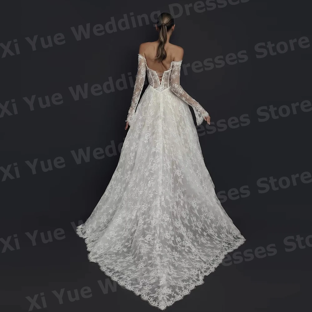 Graceful A Line Women's Lace Off The Shoulder Wedding Dresses Vestido De Novia Bride Gowns Long Sleeve Customized Robe De Mariée